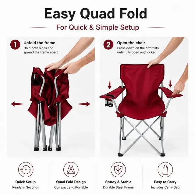 Alt view image 4 of 7 - Camping Chair with Cup Holder, Foldable Outdoor Lawn Chairs for Adults, Lightweight Portable Camp Chair with Carry Bag, Red Folding Outside Chair