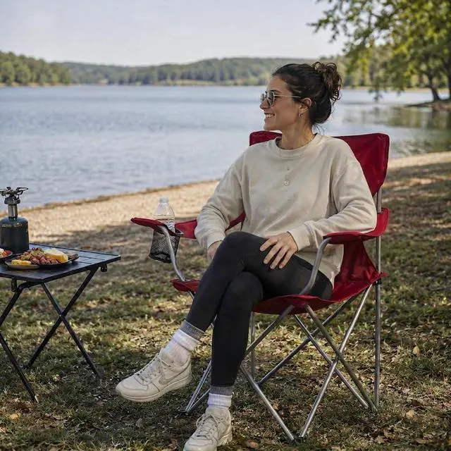 Alt view image 7 of 7 - Camping Chair with Cup Holder, Foldable Outdoor Lawn Chairs for Adults, Lightweight Portable Camp Chair with Carry Bag, Red Folding Outside Chair