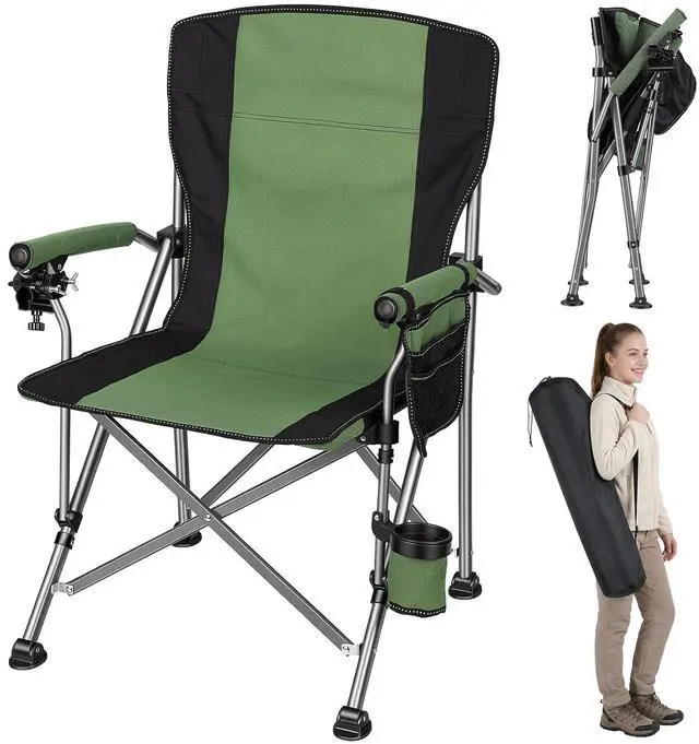 Main image of Folding Fishing Chair with Rod Holder, Heavy Duty 330LBS All Terrain Fishing Chair for Adults, Outdoor Camping Chair with Side Pocket Cup Holder, Portable Ice Fishing Chair for Camp Lawn Patio (Green)