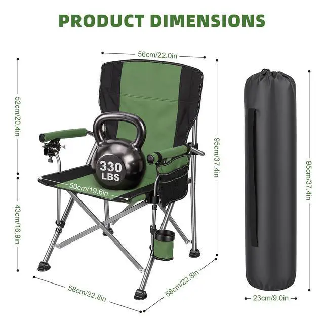 Alt view image 2 of 7 - Folding Fishing Chair with Rod Holder, Heavy Duty 330LBS All Terrain Fishing Chair for Adults, Outdoor Camping Chair with Side Pocket Cup Holder, Portable Ice Fishing Chair for Camp Lawn Patio (Green)