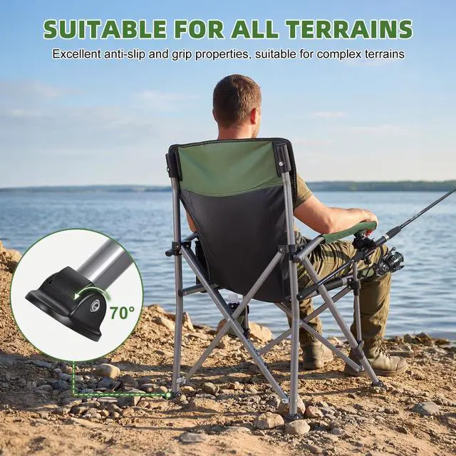 Alt view image 3 of 7 - Folding Fishing Chair with Rod Holder, Heavy Duty 330LBS All Terrain Fishing Chair for Adults, Outdoor Camping Chair with Side Pocket Cup Holder, Portable Ice Fishing Chair for Camp Lawn Patio (Green)