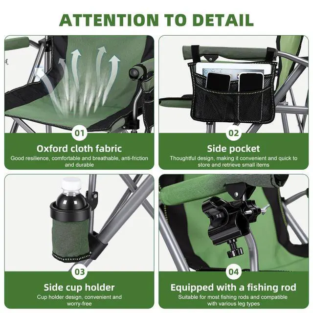 Alt view image 4 of 7 - Folding Fishing Chair with Rod Holder, Heavy Duty 330LBS All Terrain Fishing Chair for Adults, Outdoor Camping Chair with Side Pocket Cup Holder, Portable Ice Fishing Chair for Camp Lawn Patio (Green)