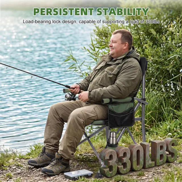 Alt view image 7 of 7 - Folding Fishing Chair with Rod Holder, Heavy Duty 330LBS All Terrain Fishing Chair for Adults, Outdoor Camping Chair with Side Pocket Cup Holder, Portable Ice Fishing Chair for Camp Lawn Patio (Green)