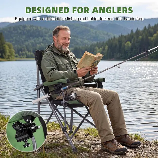 Alt view image 5 of 7 - Folding Fishing Chair with Rod Holder, Heavy Duty 330LBS All Terrain Fishing Chair for Adults, Outdoor Camping Chair with Side Pocket Cup Holder, Portable Ice Fishing Chair for Camp Lawn Patio (Green)