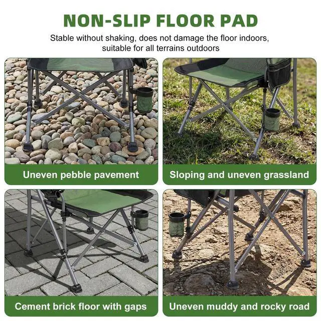 Alt view image 6 of 7 - Folding Fishing Chair with Rod Holder, Heavy Duty 330LBS All Terrain Fishing Chair for Adults, Outdoor Camping Chair with Side Pocket Cup Holder, Portable Ice Fishing Chair for Camp Lawn Patio (Green)
