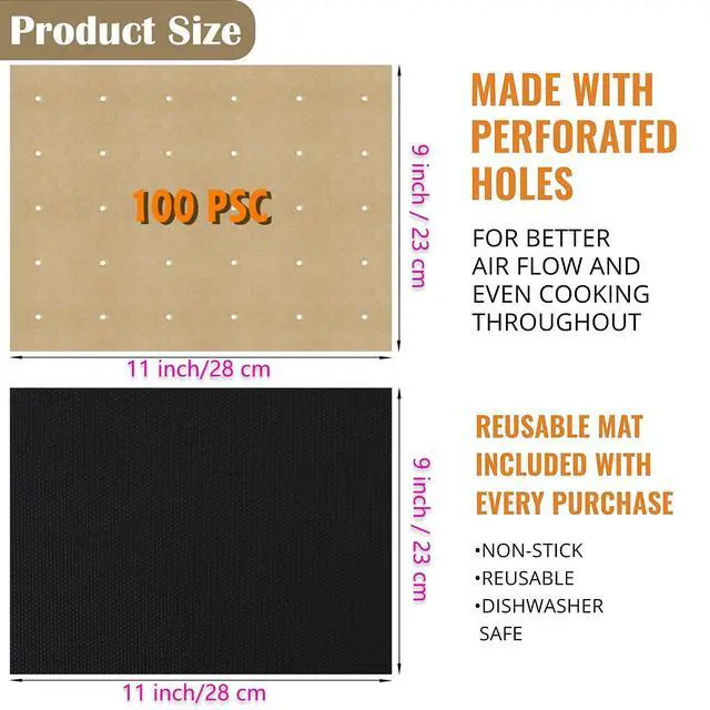 Alt view image 2 of 6 - 100 PCS Unbleached Air Fryer Parchment Paper Liners, 11 x 9 inch | Perforated Rectangular Air Fryer Toaster Oven Disposable Liners for Cuisinart, Ninja Foodi, Breville, Gowise, Black Decker