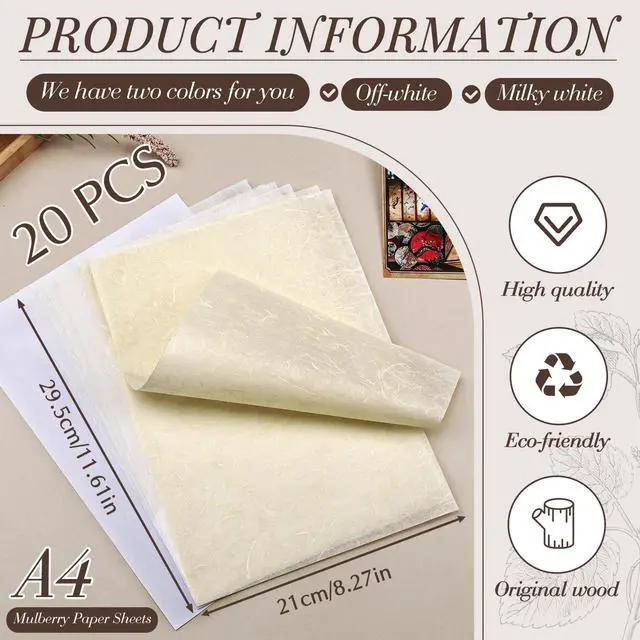 Alt view image 2 of 7 - Mulberry Paper A4 Natural Fiber Rice Papers 8.3x11.7in 20 Sheets | White Decoupage Tissue Paper, Writing, Painting, Decorative, Card Making Scrapbooking, Bookbinding & DIY Crafts