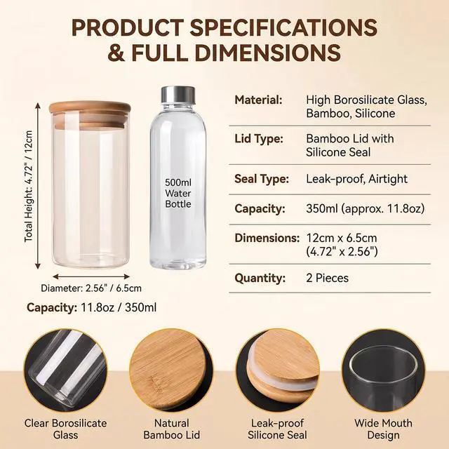 Alt view image 2 of 7 - 2 Pcs 350ML 12OZ Clear Glass Storage Jar Food Container Bottles Food Storage Container Canister Sealed Tank with Airtight Seal Bamboo Lid for Tea Spice Coffee and More(Clear)