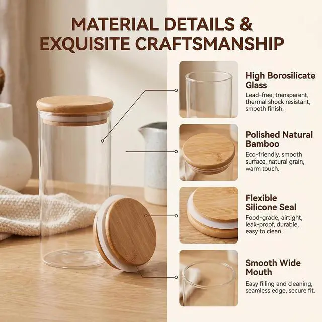 Alt view image 3 of 7 - 2 Pcs 350ML 12OZ Clear Glass Storage Jar Food Container Bottles Food Storage Container Canister Sealed Tank with Airtight Seal Bamboo Lid for Tea Spice Coffee and More(Clear)