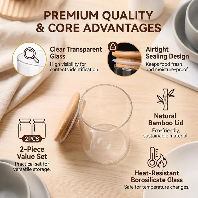 Alt view image 4 of 7 - 2 Pcs 350ML 12OZ Clear Glass Storage Jar Food Container Bottles Food Storage Container Canister Sealed Tank with Airtight Seal Bamboo Lid for Tea Spice Coffee and More(Clear)