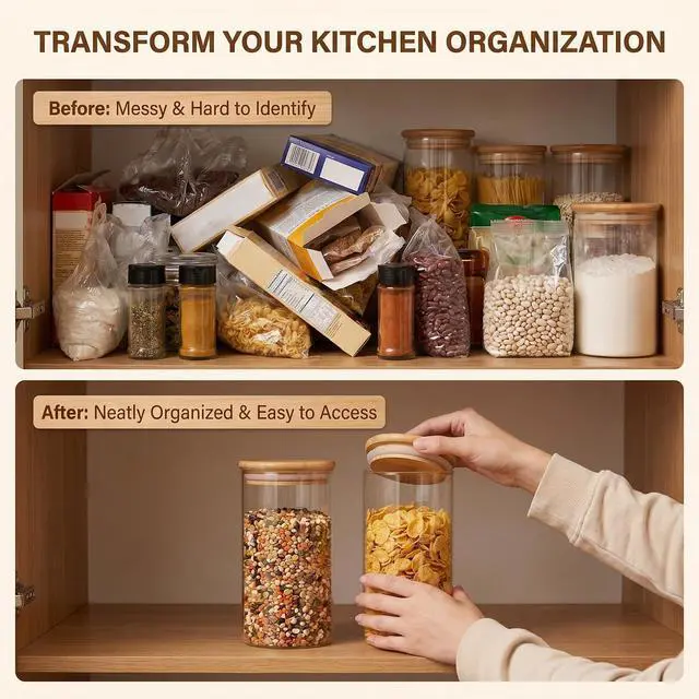 Alt view image 5 of 7 - 2 Pcs 350ML 12OZ Clear Glass Storage Jar Food Container Bottles Food Storage Container Canister Sealed Tank with Airtight Seal Bamboo Lid for Tea Spice Coffee and More(Clear)