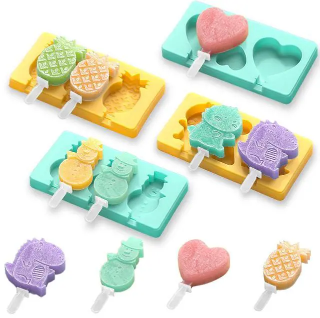 Main image of Kids Cartoon Popsicle Molds - 4 Pack, 10-Cavity Food-Grade Silicone Ice Pop Cream Molds, with Reusable Sticks, Non-Stick Flat Design, Easy Release, Stackable for Space Saving