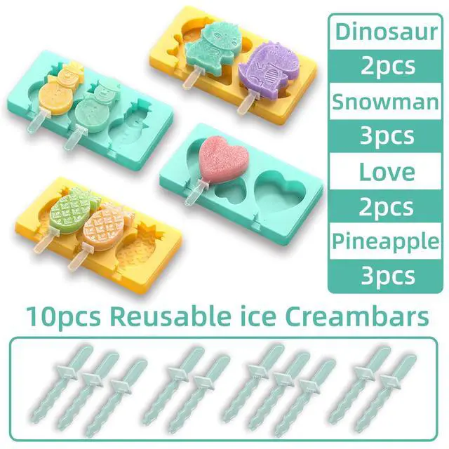 Alt view image 4 of 6 - Kids Cartoon Popsicle Molds - 4 Pack, 10-Cavity Food-Grade Silicone Ice Pop Cream Molds, with Reusable Sticks, Non-Stick Flat Design, Easy Release, Stackable for Space Saving