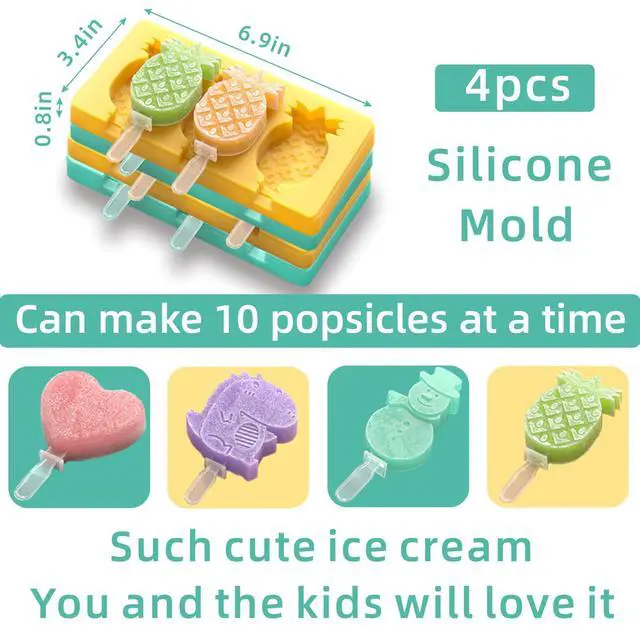 Alt view image 5 of 6 - Kids Cartoon Popsicle Molds - 4 Pack, 10-Cavity Food-Grade Silicone Ice Pop Cream Molds, with Reusable Sticks, Non-Stick Flat Design, Easy Release, Stackable for Space Saving