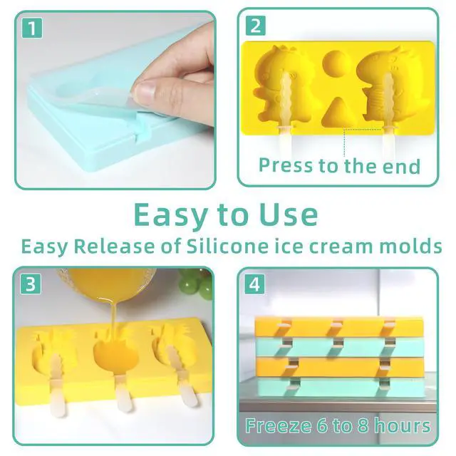 Alt view image 3 of 6 - Kids Cartoon Popsicle Molds - 4 Pack, 10-Cavity Food-Grade Silicone Ice Pop Cream Molds, with Reusable Sticks, Non-Stick Flat Design, Easy Release, Stackable for Space Saving
