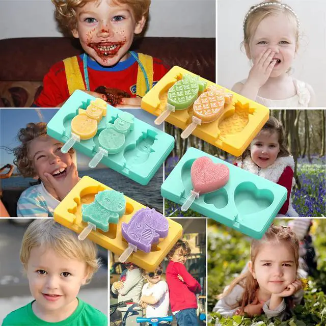 Alt view image 6 of 6 - Kids Cartoon Popsicle Molds - 4 Pack, 10-Cavity Food-Grade Silicone Ice Pop Cream Molds, with Reusable Sticks, Non-Stick Flat Design, Easy Release, Stackable for Space Saving