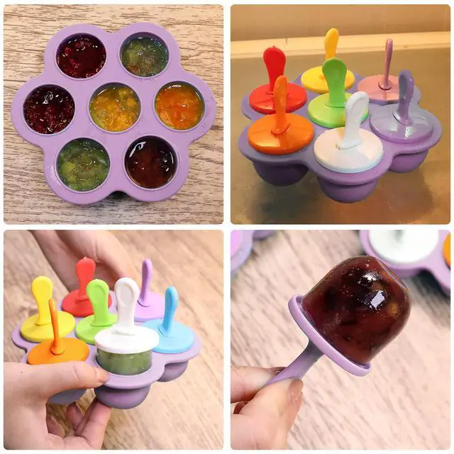 Alt view image 3 of 7 - Silicone Popsicle Molds 7-cavity DIY Ice Pop Mold with Colorful Sticks For egg biting ice cream molds storage containers non stick cake molds (Purple)