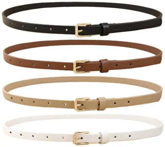 Main image of 4 Pack Women Skinny Belts for Jeans Dress Thin Waist Belt C M | 0.55 in Wide, Black Beige Brown White Faux Leather, Gold Silver Buckle, Fashion Casual Style, Daily Outfits Accessories