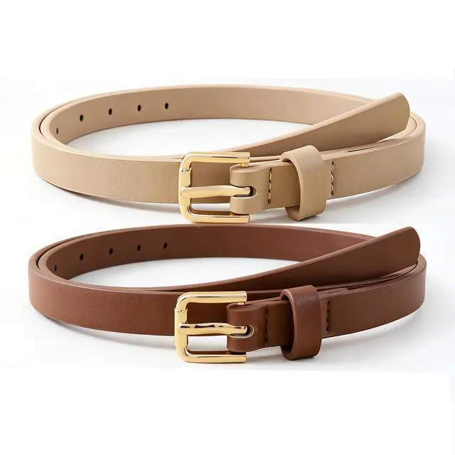 Alt view image 5 of 6 - 4 Pack Women Skinny Belts for Jeans Dress Thin Waist Belt C M | 0.55 in Wide, Black Beige Brown White Faux Leather, Gold Silver Buckle, Fashion Casual Style, Daily Outfits Accessories
