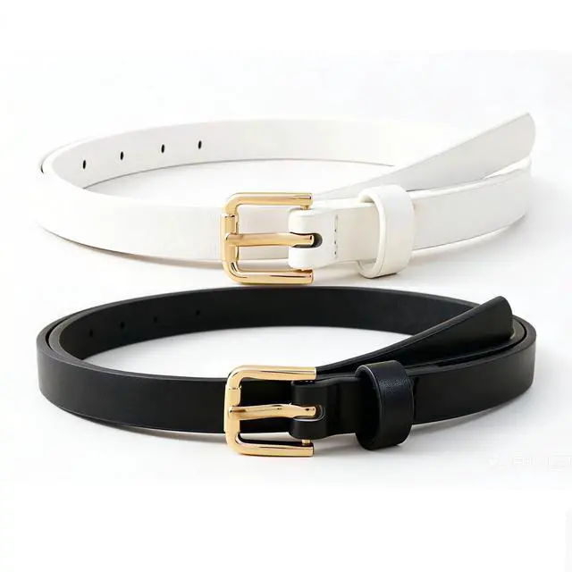 Alt view image 6 of 6 - 4 Pack Women Skinny Belts for Jeans Dress Thin Waist Belt C M | 0.55 in Wide, Black Beige Brown White Faux Leather, Gold Silver Buckle, Fashion Casual Style, Daily Outfits Accessories