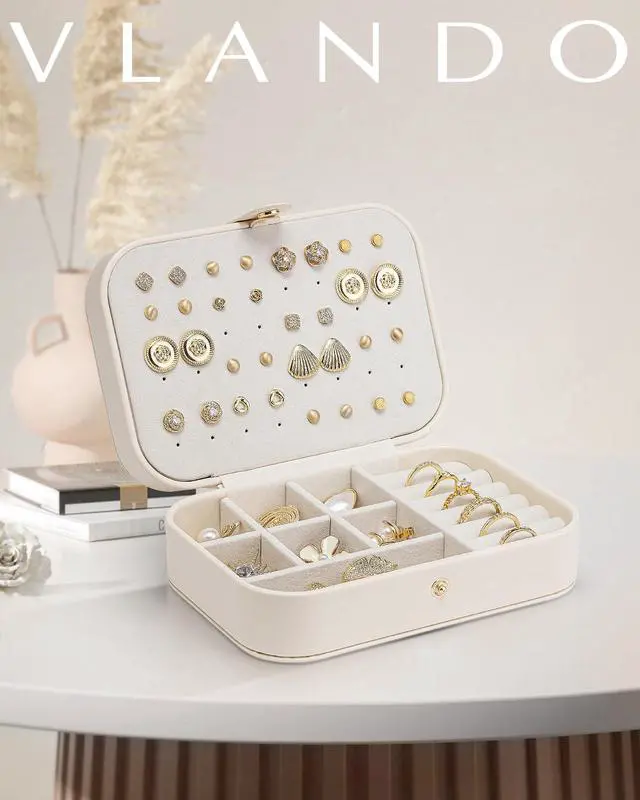 Alt view image 2 of 7 - Travel Jewelry Case, Portable Jewelry Earring Box Organizer | PU Leather Small Necklace Storage for Vacation, Secure Closure, Travel Essentials, Bridesmaid Christmas Gift for Women Girls