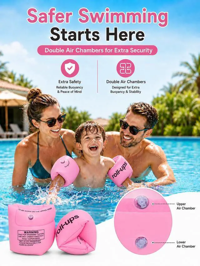 Alt view image 2 of 6 - Arm Floaties for Kids & Adults, Inflatable Roll-On Swim Arm Bands, Pool Floaties for Kids 3-5, 6-12 yrs & Up to 150lb Adult, Learn to Swim Water Wings for Boys Girls (Pink(2 Piece))