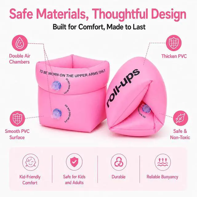 Alt view image 3 of 6 - Arm Floaties for Kids & Adults, Inflatable Roll-On Swim Arm Bands, Pool Floaties for Kids 3-5, 6-12 yrs & Up to 150lb Adult, Learn to Swim Water Wings for Boys Girls (Pink(2 Piece))