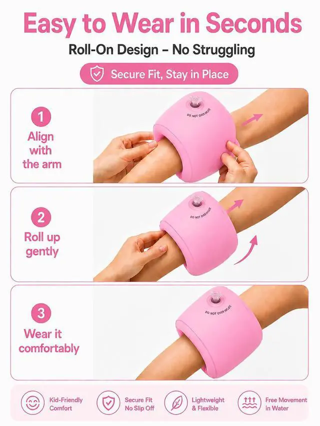 Alt view image 4 of 6 - Arm Floaties for Kids & Adults, Inflatable Roll-On Swim Arm Bands, Pool Floaties for Kids 3-5, 6-12 yrs & Up to 150lb Adult, Learn to Swim Water Wings for Boys Girls (Pink(2 Piece))