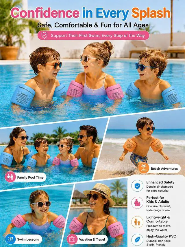 Alt view image 5 of 6 - Arm Floaties for Kids & Adults, Inflatable Roll-On Swim Arm Bands, Pool Floaties for Kids 3-5, 6-12 yrs & Up to 150lb Adult, Learn to Swim Water Wings for Boys Girls (Pink(2 Piece))