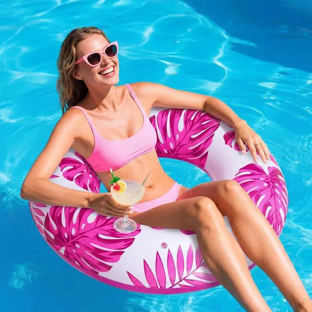 Alt view image 2 of 7 - 1 Pc Large Adults Pool Tubes 42inch Inflatable Floats Tube Tropical Leaves Inflatable Pool Floats Rings Swimming Ring for Summer Hawaii Swimming (Purple)