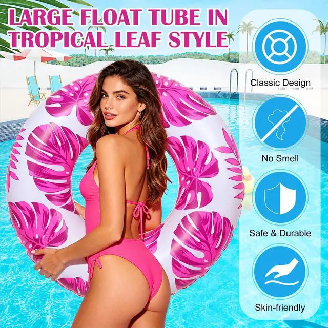 Alt view image 3 of 7 - 1 Pc Large Adults Pool Tubes 42inch Inflatable Floats Tube Tropical Leaves Inflatable Pool Floats Rings Swimming Ring for Summer Hawaii Swimming (Purple)