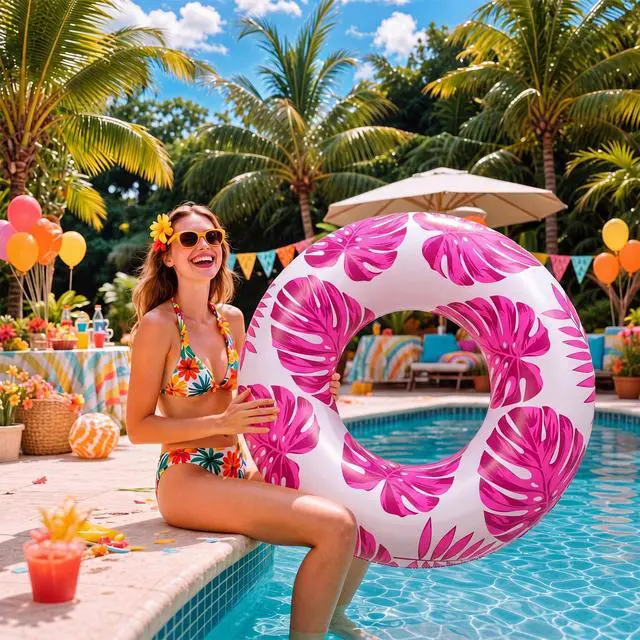 Alt view image 6 of 7 - 1 Pc Large Adults Pool Tubes 42inch Inflatable Floats Tube Tropical Leaves Inflatable Pool Floats Rings Swimming Ring for Summer Hawaii Swimming (Purple)