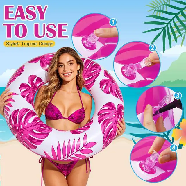 Alt view image 7 of 7 - 1 Pc Large Adults Pool Tubes 42inch Inflatable Floats Tube Tropical Leaves Inflatable Pool Floats Rings Swimming Ring for Summer Hawaii Swimming (Purple)