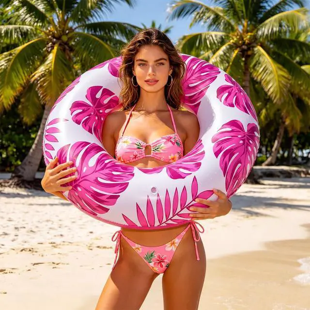 Alt view image 4 of 7 - 1 Pc Large Adults Pool Tubes 42inch Inflatable Floats Tube Tropical Leaves Inflatable Pool Floats Rings Swimming Ring for Summer Hawaii Swimming (Purple)