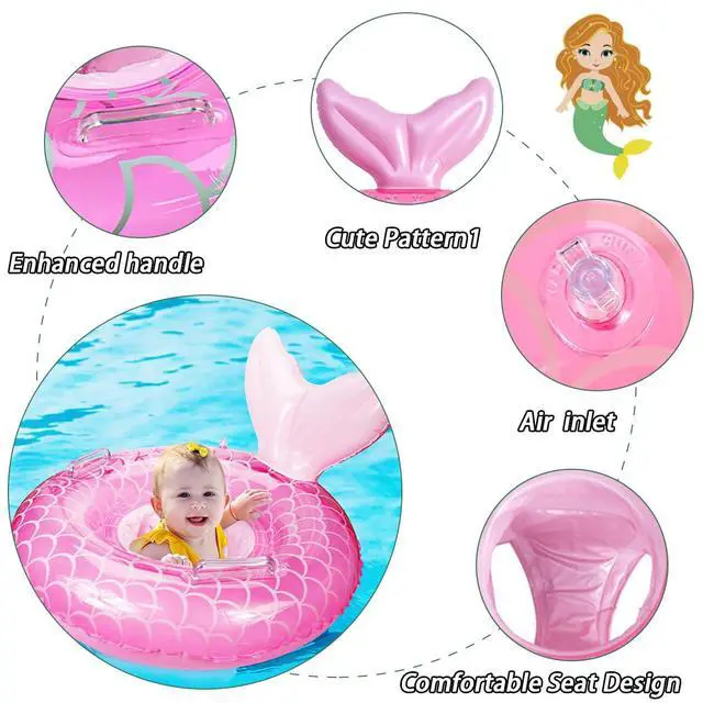 Alt view image 3 of 7 - New Baby Swimming Pool Floats for Toddler Kids 8-48 Months Under 44lb, Inflatable Swim Ring Water Raft with Seat and Handle for Summer Beach Outdoor Children Infant Bath Toys (Pink Mermaid 2)