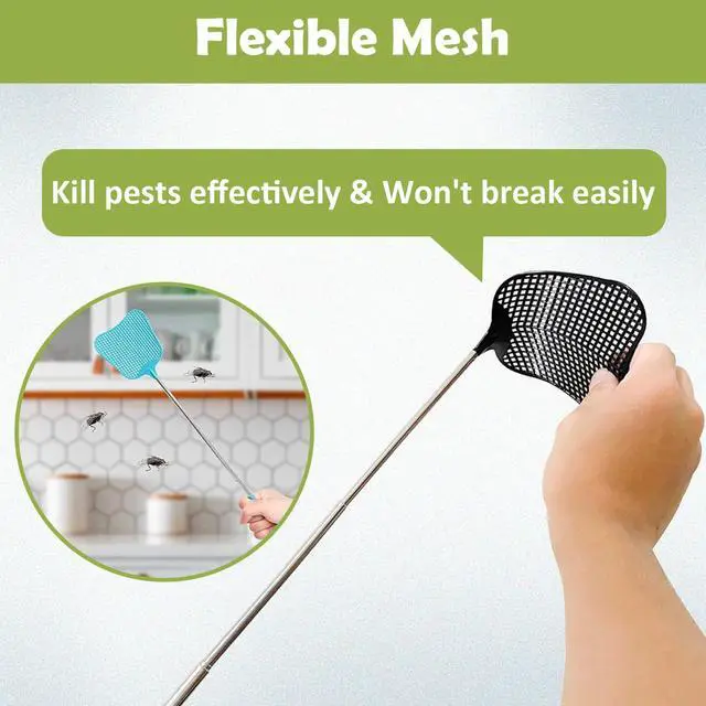 Alt view image 3 of 5 - Fly Swatter Set of 2, Indoor Outdoor Telescopic Fly Swatters-Blue | Fly Swatter 2 Pack, Durable Telescopic Stainless Steel Extendable Handles, for Home and Office, 2Pcs, Blue
