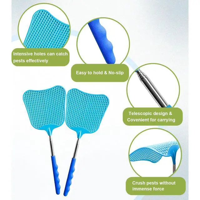 Alt view image 4 of 5 - Fly Swatter Set of 2, Indoor Outdoor Telescopic Fly Swatters-Blue | Fly Swatter 2 Pack, Durable Telescopic Stainless Steel Extendable Handles, for Home and Office, 2Pcs, Blue