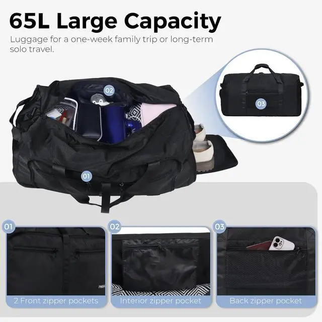 Alt view image 4 of 6 - 65L Duffle Bag Foldable Travel Duffel Bags for Men Women Travel Bag | Shoes Compartment, 65L Large Capacity, Foldable, Packable, Water Repellent, Tear Resistant, for Traveling Gym Overnight Camp