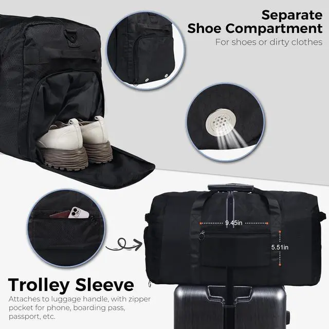 Alt view image 5 of 6 - 65L Duffle Bag Foldable Travel Duffel Bags for Men Women Travel Bag | Shoes Compartment, 65L Large Capacity, Foldable, Packable, Water Repellent, Tear Resistant, for Traveling Gym Overnight Camp