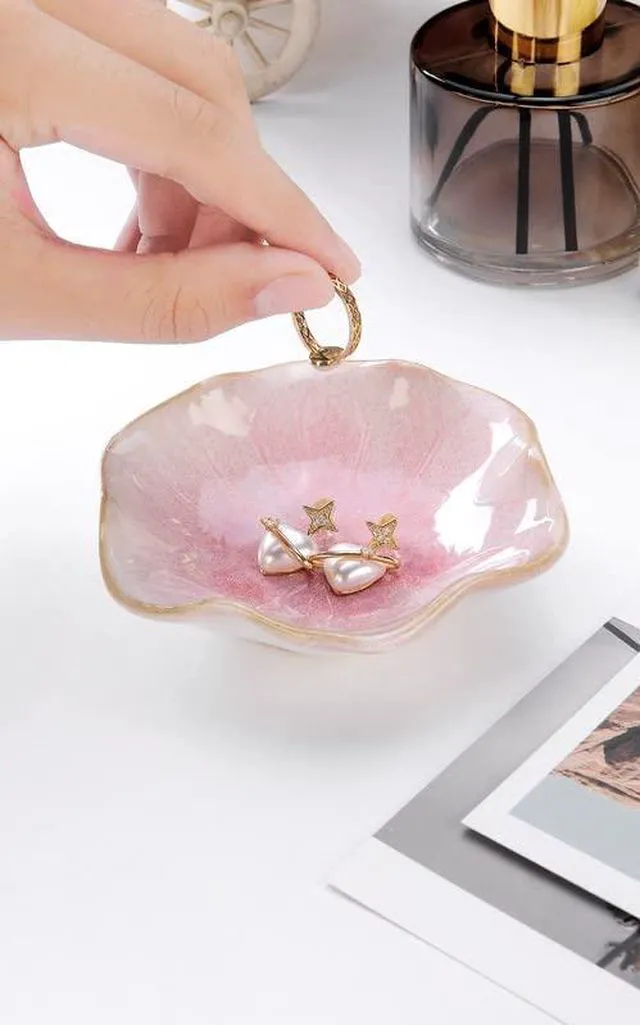 Alt view image 3 of 7 - Lotus Leaf Shape Decorative Ring Tray, Small Key Bowl, Ceramic Trinket Tray Jewelry Dish Organizing Necklace Earrings, Home Decoration for Mom Best Friend Sister, Pink.