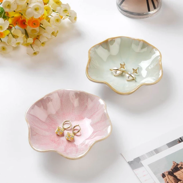 Alt view image 4 of 7 - Lotus Leaf Shape Decorative Ring Tray, Small Key Bowl, Ceramic Trinket Tray Jewelry Dish Organizing Necklace Earrings, Home Decoration for Mom Best Friend Sister, Pink.