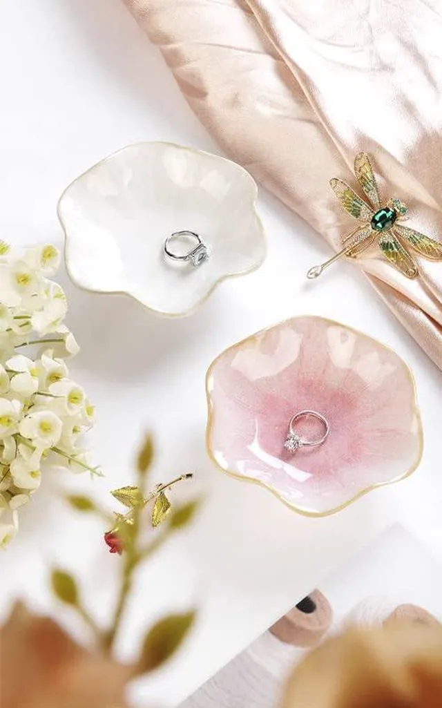 Alt view image 6 of 7 - Lotus Leaf Shape Decorative Ring Tray, Small Key Bowl, Ceramic Trinket Tray Jewelry Dish Organizing Necklace Earrings, Home Decoration for Mom Best Friend Sister, Pink.
