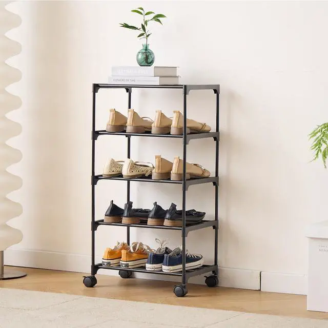 Alt view image 2 of 7 - 5-Tier Small Shoe Rack with Wheels, Slide-Out Metal Shoe Racks Storage, Anti-Rust Coating, Stackable Design - 16.9W for Entryway, Kitchen, Living Room & Office - Black