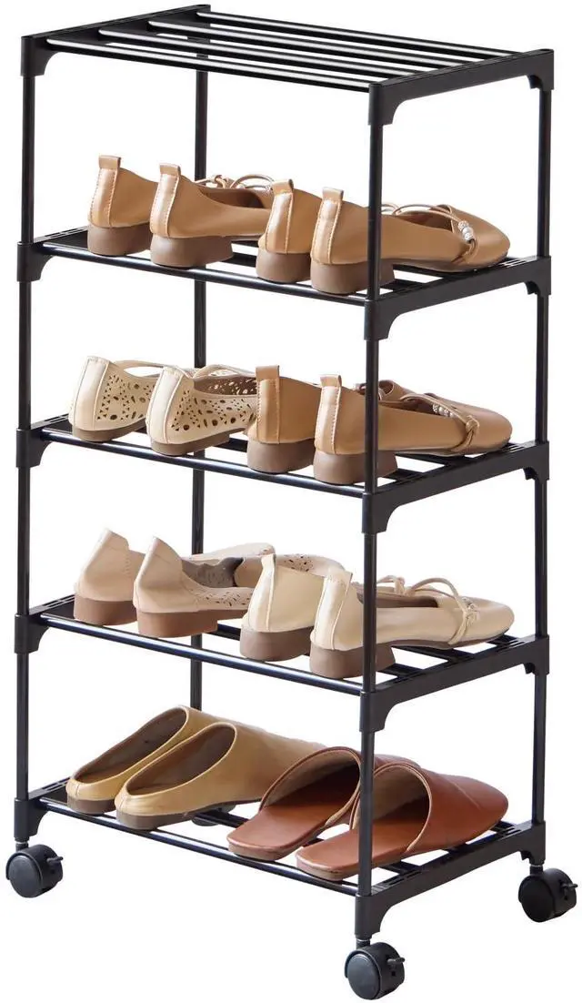 Main image of 5-Tier Small Shoe Rack with Wheels, Slide-Out Metal Shoe Racks Storage, Anti-Rust Coating, Stackable Design - 16.9W for Entryway, Kitchen, Living Room & Office - Black