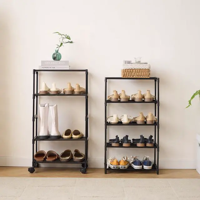 Alt view image 3 of 7 - 5-Tier Small Shoe Rack with Wheels, Slide-Out Metal Shoe Racks Storage, Anti-Rust Coating, Stackable Design - 16.9W for Entryway, Kitchen, Living Room & Office - Black