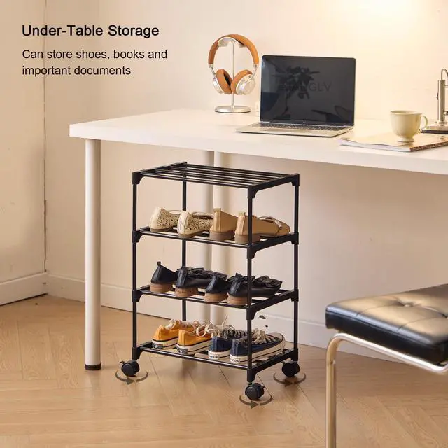 Alt view image 4 of 7 - 5-Tier Small Shoe Rack with Wheels, Slide-Out Metal Shoe Racks Storage, Anti-Rust Coating, Stackable Design - 16.9W for Entryway, Kitchen, Living Room & Office - Black