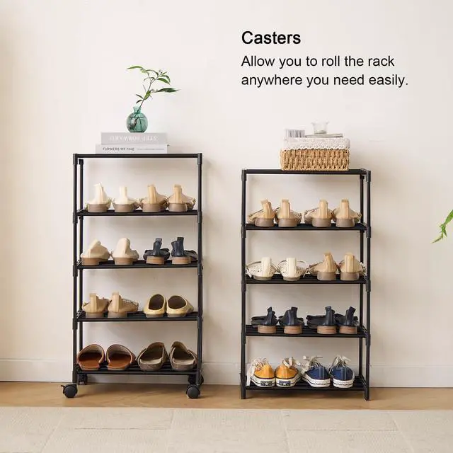 Alt view image 5 of 7 - 5-Tier Small Shoe Rack with Wheels, Slide-Out Metal Shoe Racks Storage, Anti-Rust Coating, Stackable Design - 16.9W for Entryway, Kitchen, Living Room & Office - Black