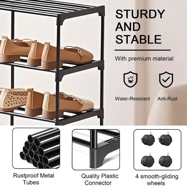 Alt view image 6 of 7 - 5-Tier Small Shoe Rack with Wheels, Slide-Out Metal Shoe Racks Storage, Anti-Rust Coating, Stackable Design - 16.9W for Entryway, Kitchen, Living Room & Office - Black