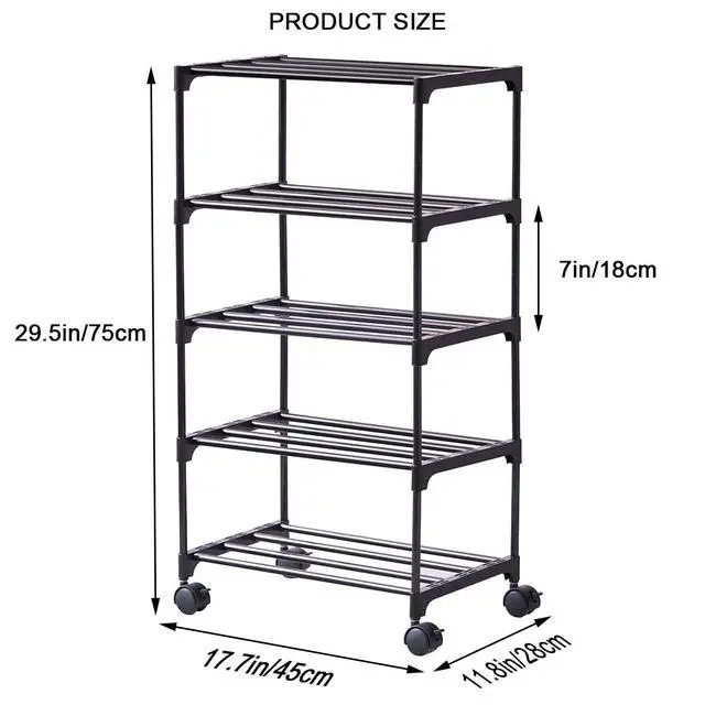 Alt view image 7 of 7 - 5-Tier Small Shoe Rack with Wheels, Slide-Out Metal Shoe Racks Storage, Anti-Rust Coating, Stackable Design - 16.9W for Entryway, Kitchen, Living Room & Office - Black