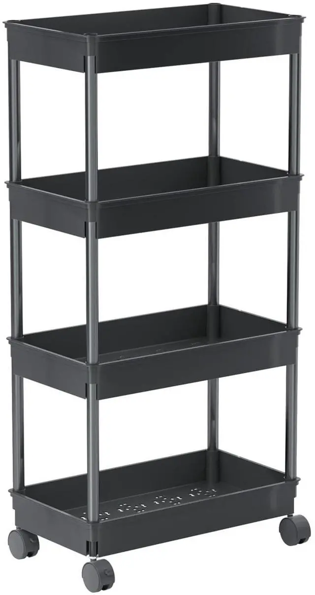 Main image of 4 Tier Wide Storage Cart, Mobile Shelving Unit Organizer, Black | Slide Out Storage Rolling Utility Cart Tower Rack for Kitchen Bathroom Laundry, Plastic & Stainless Steel